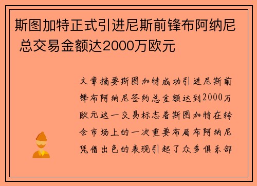 斯图加特正式引进尼斯前锋布阿纳尼 总交易金额达2000万欧元